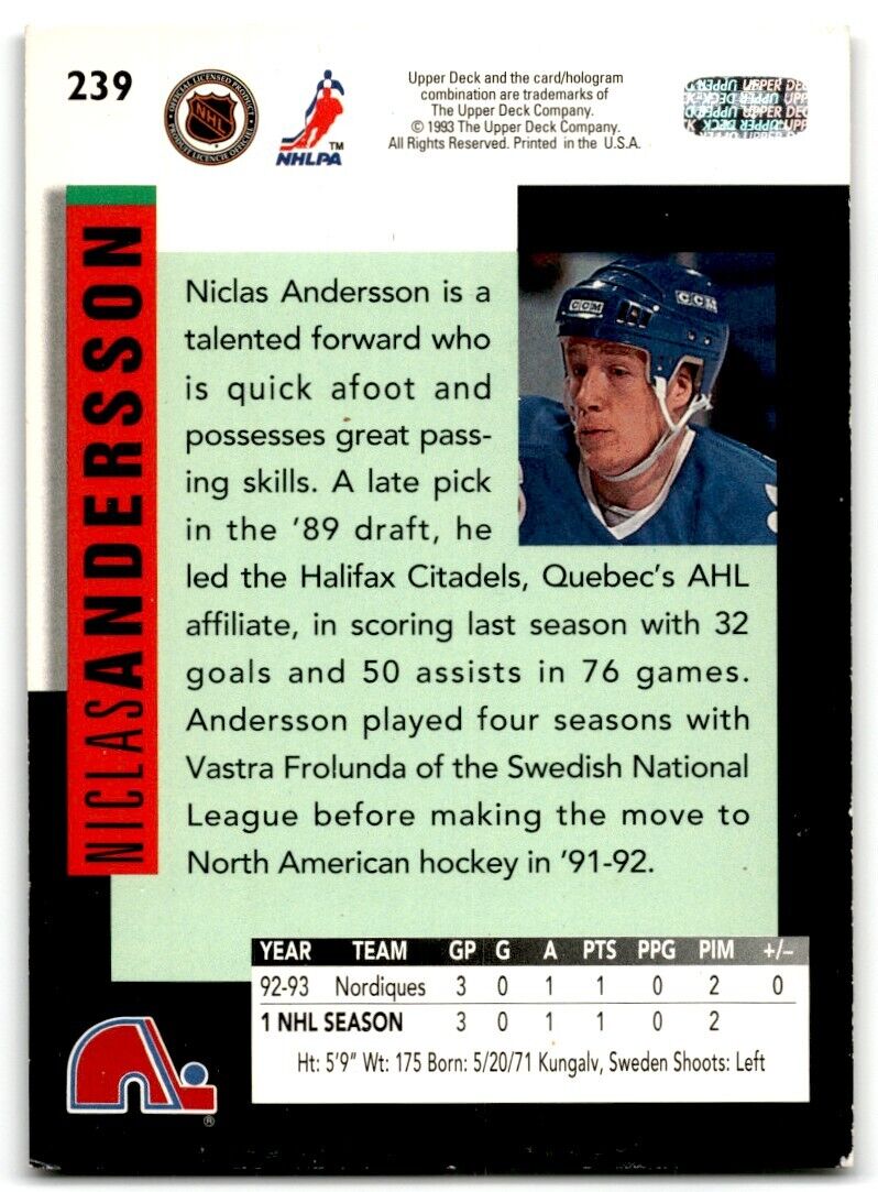 1993-94 Upper Deck Niklas Andersson Quebec Nordiques #239