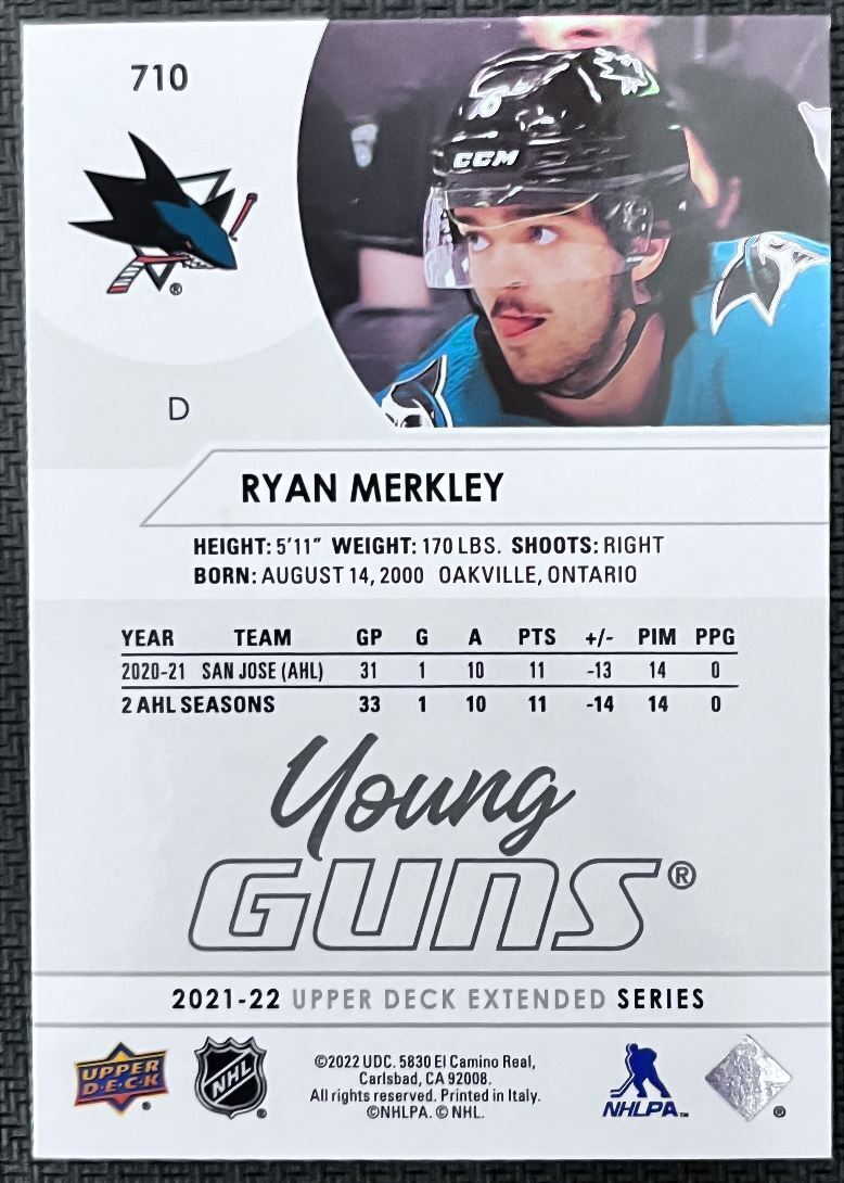 2021-22 Upper Deck Ryan Merkley Rookie San Jose Sharks #710