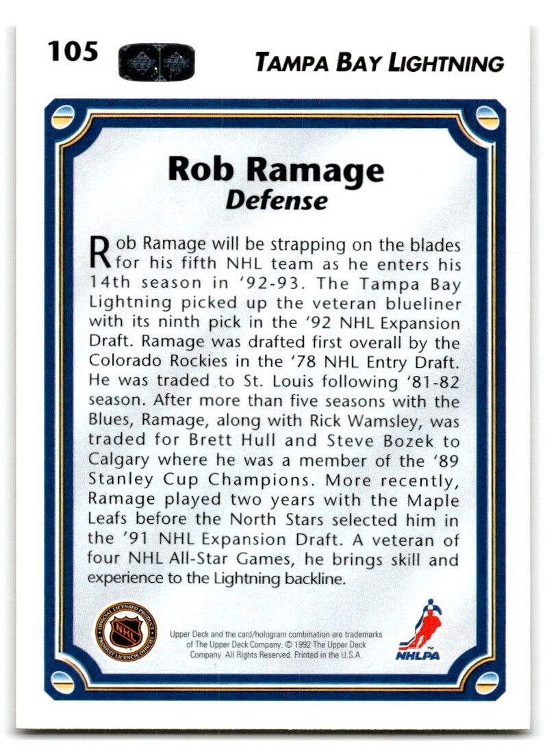 1992-93 Upper Deck Rob Ramage Tampa Bay Lightning #105