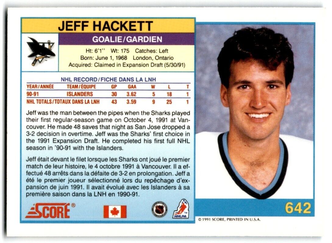 1991-92 Score Canadian Bilingual Jeff Hackett San Jose Sharks #642