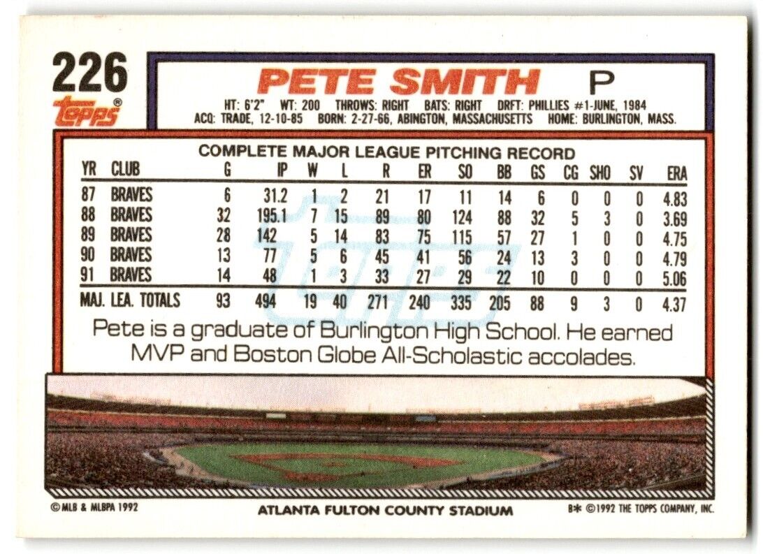 1992 Topps Pete Smith Atlanta Braves #226