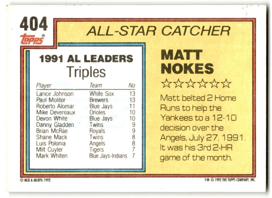 1992 Topps Matt Nokes New York Yankees #404