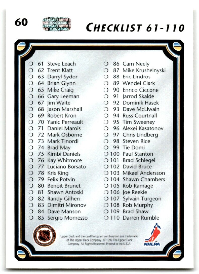 1992-93 Upper Deck Checklist 1-110 #60