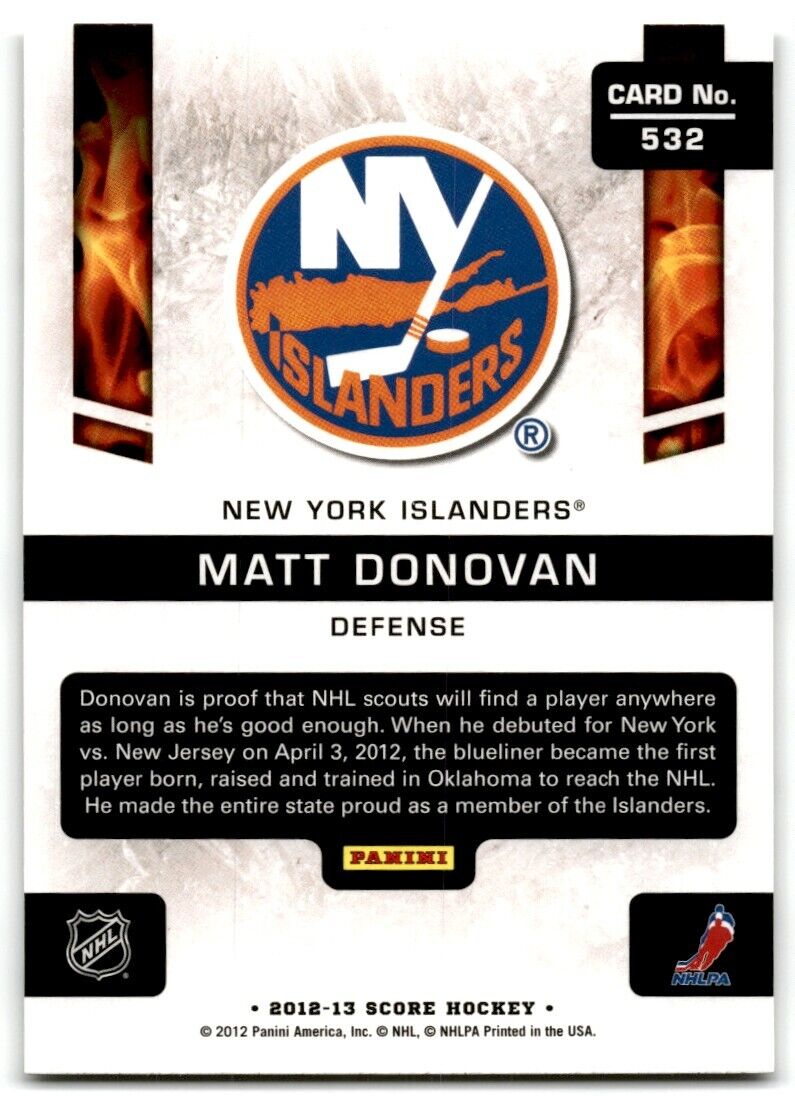 2012-13 Score Hot Rookie Matt Donovan Rookie New York Islanders #532