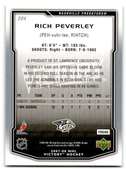 2007-08 Upper Deck Victory Rich Peverley Rookie Nashville Predators #204