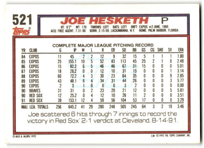 1992 Topps Joe Hesketh Boston Red Sox #521