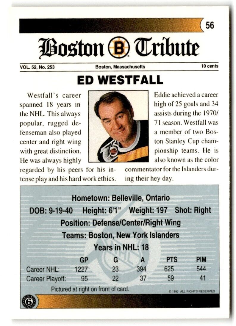 1991-92 Ultimate Original 6 French Ed Westfall Boston Bruins #56