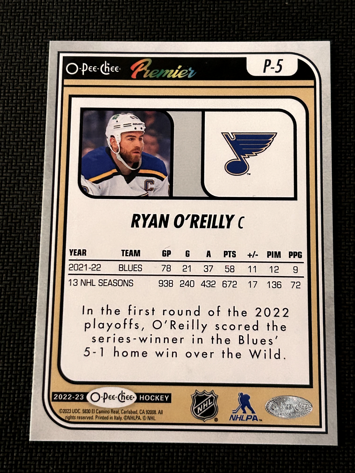 2022-23 UD O-Pee-Chee OPC O-Pee-Chee Premier #P-5 Ryan O'Reilly