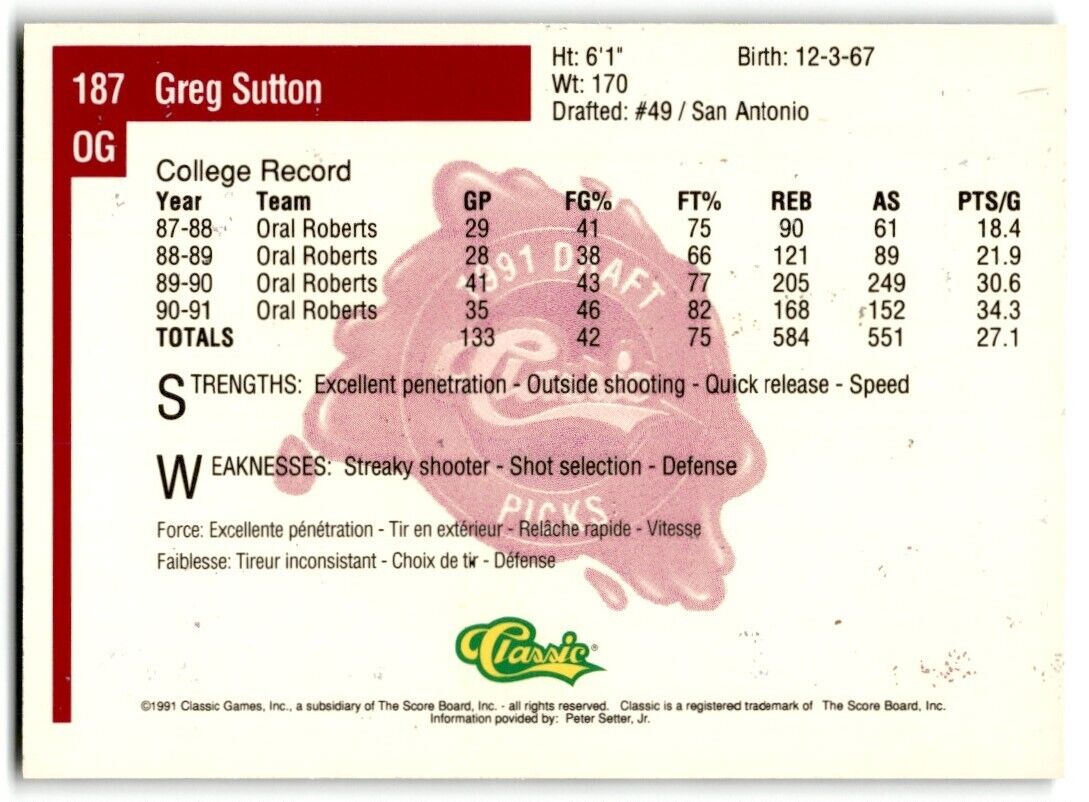 1991-92 Classic Greg Sutton Rookie Oral Roberts Golden Eagles #187