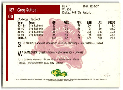 1991-92 Classic Greg Sutton Rookie Oral Roberts Golden Eagles #187