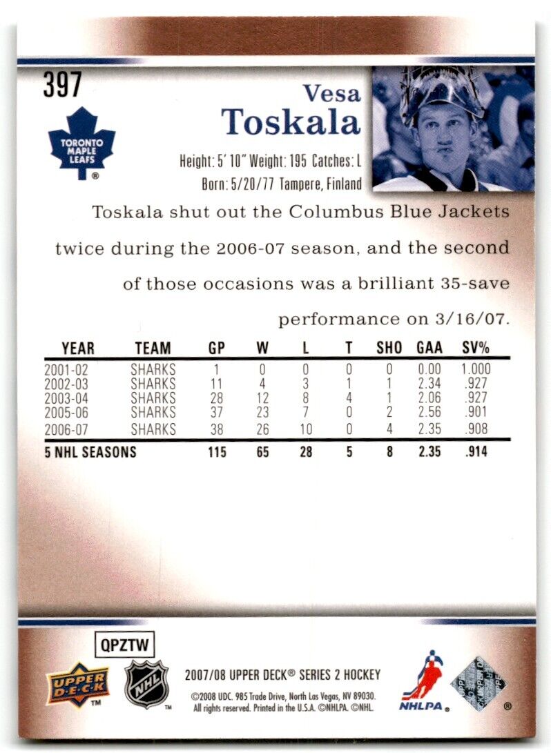 2007-08 Upper Deck Vesa Toskala Toronto Maple Leafs #397