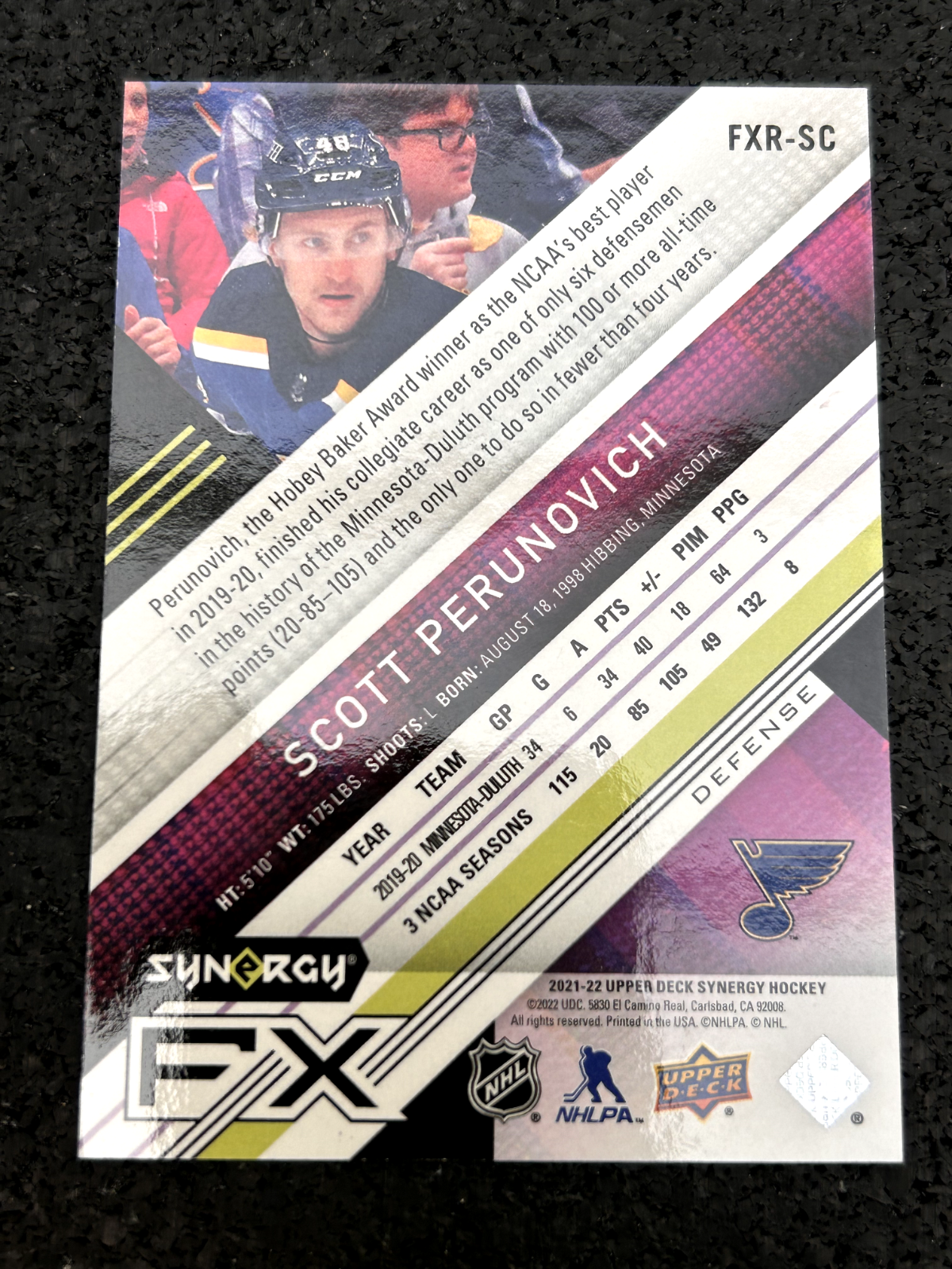 2021-22 FX Rookies Scott Perunovich RC 455/749 St. Louis Blues #FXR-SC