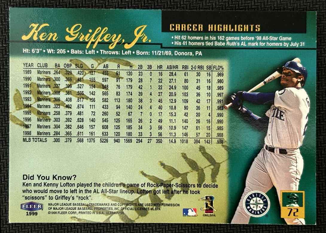 1999 Fleer Ultra Ken Griffey Jr. Seattle Mariners #72