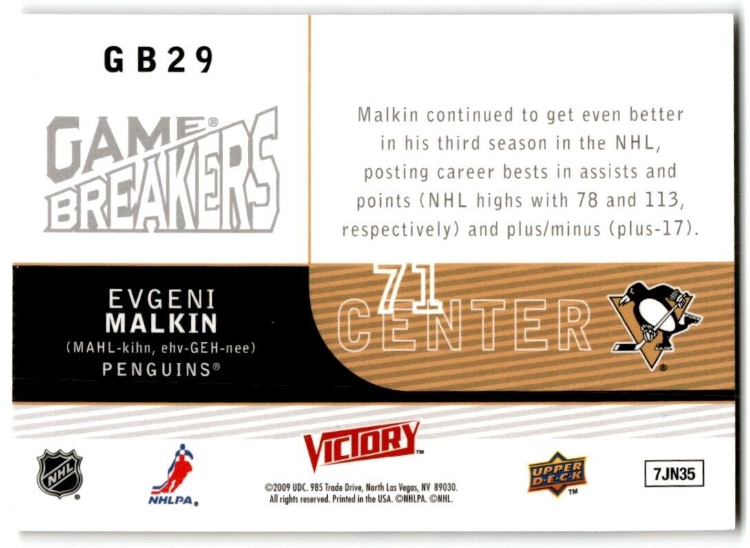 2009-10 Upper Deck Victory Game Breakers Evgeni Malkin Pittsburgh Penguins #GB29