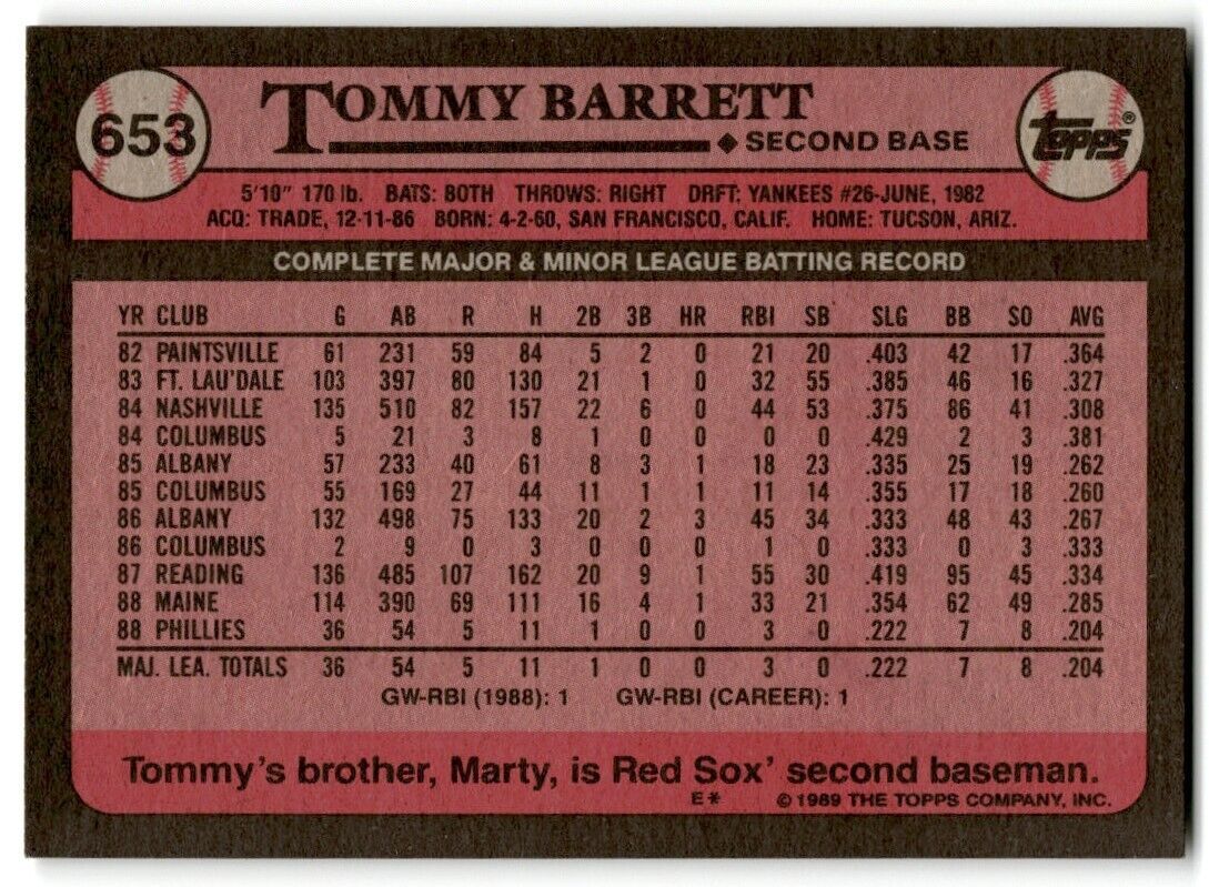 1989 Topps Tommy Barrett Philadelphia Phillies #653