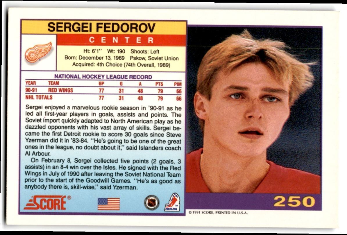 1991-92 Score American Sergei Fedorov Detroit Red Wings #250