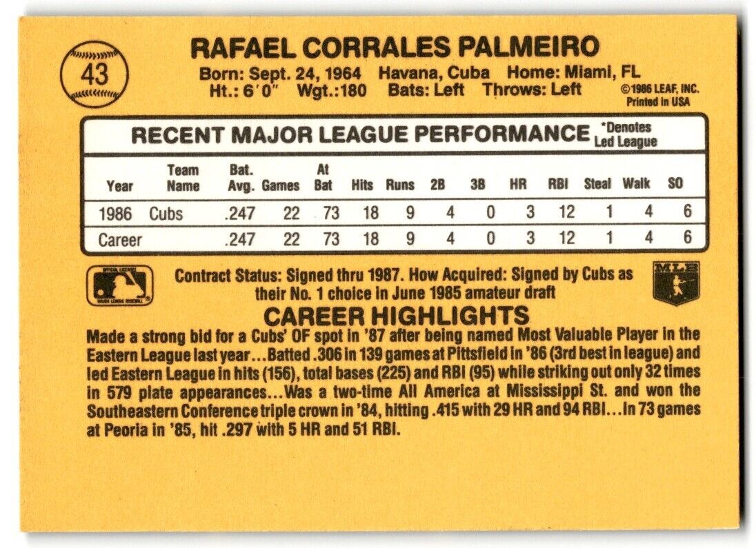 1987 Donruss Rafael Palmeiro Rookie Chicago Cubs #43