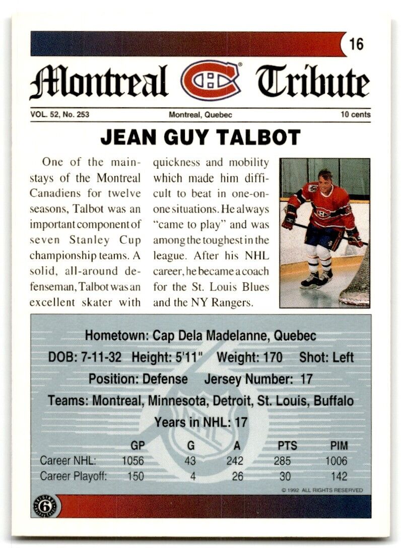 1991-92 Ultimate Original 6 French Jean-Guy Talbot Montreal Canadiens #16