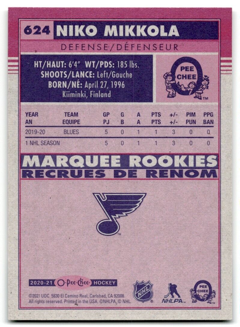 2020-21 O-Pee-Chee Markee Rookies Niko Mikkola Rookie St. Louis Blues #624