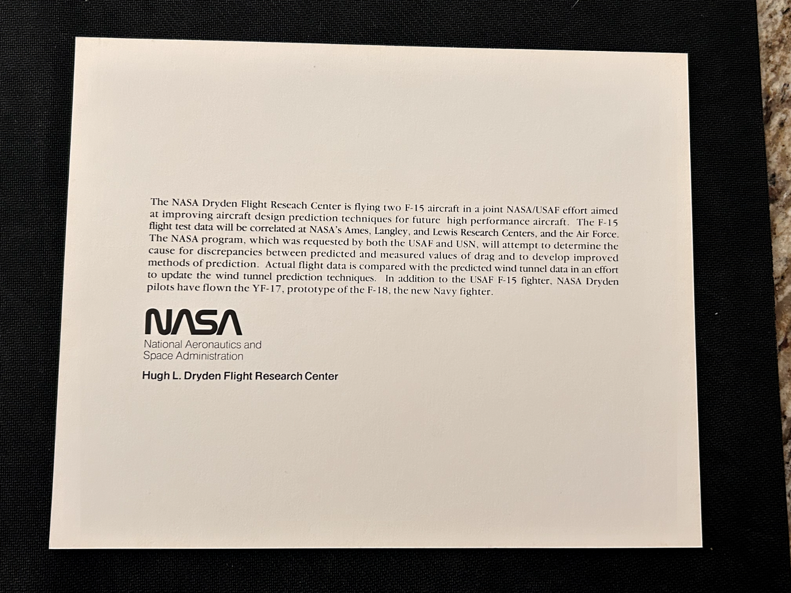 NASA Dryden Flight Reseach Center is flying two F-15 aircraft 8X10 litho