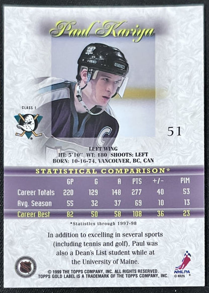 1999-00 Topps Gold Label Paul Kariya Anaheim Ducks #51