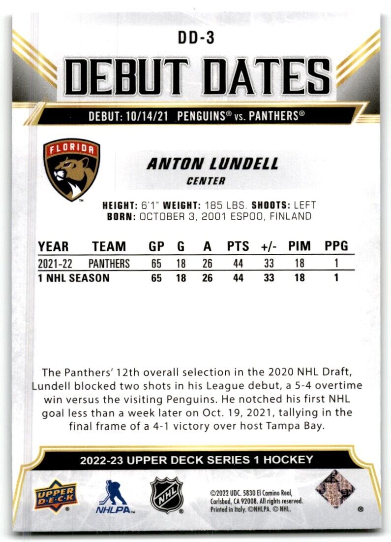 2022-23 Upper Deck Debut Dates Anton Lundell Florida Panthers #DD-3