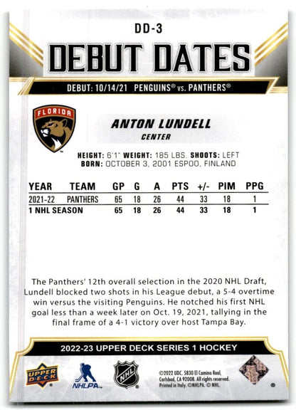 2022-23 Upper Deck Debut Dates Anton Lundell Florida Panthers #DD-3