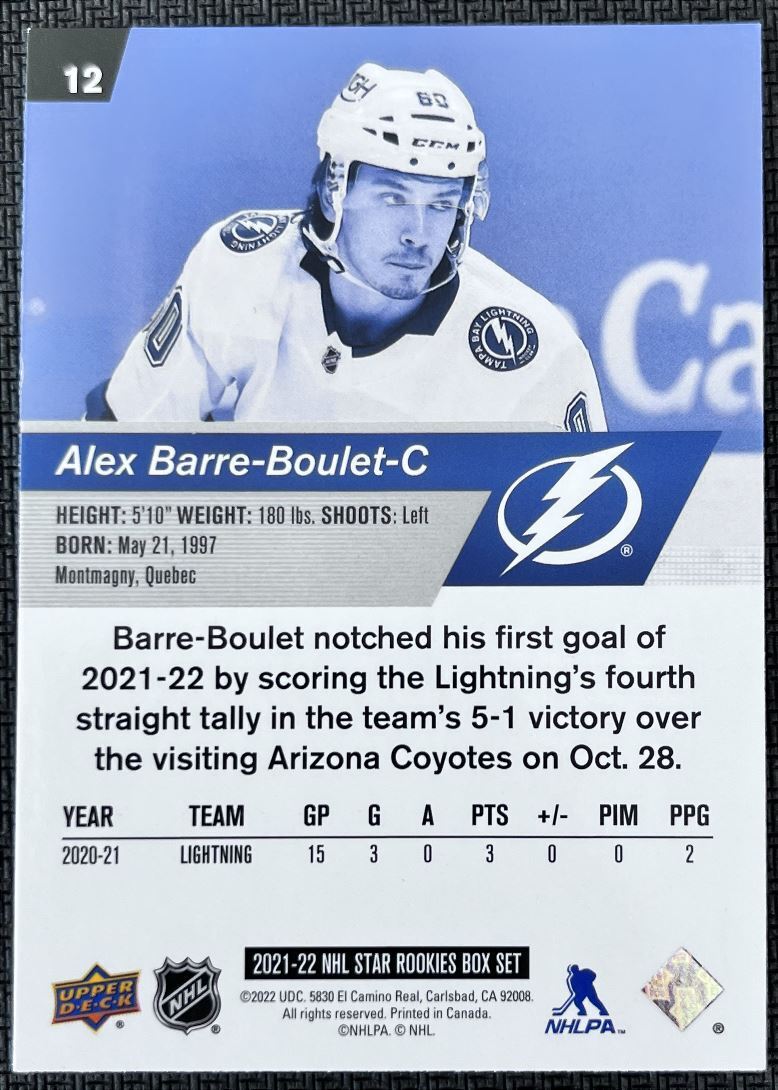 2021-22 Upper Deck NHL Star Rookie Alex Barre-Boulet Rookie Tampa Bay Lightning