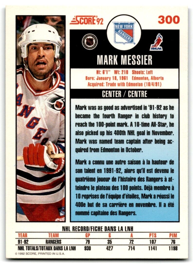 1992-93 Score Mark Messier New York Rangers #300