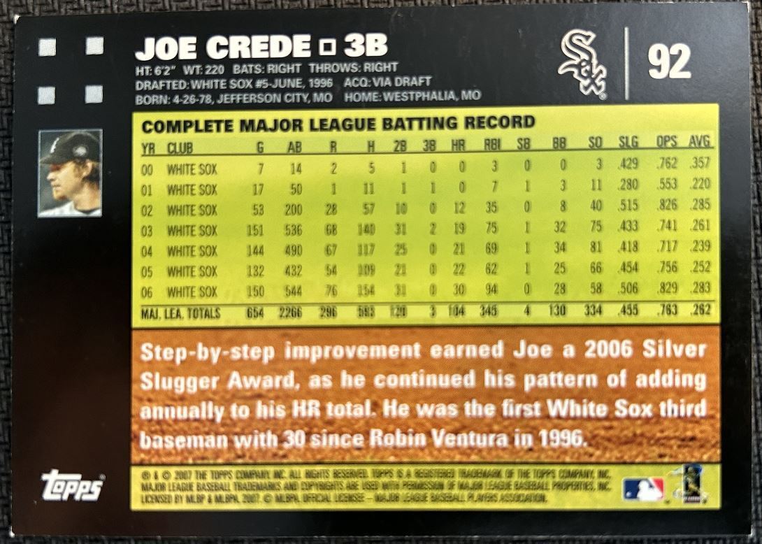 2007 Topps Joe Crede Chicago White Sox #92