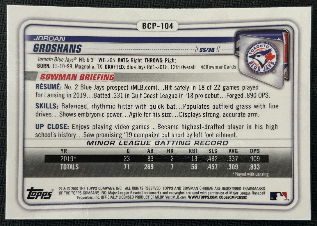 2020 Bowman Chrome Prospects Jordan Groshans Toronto Blue Jays #BCP-104