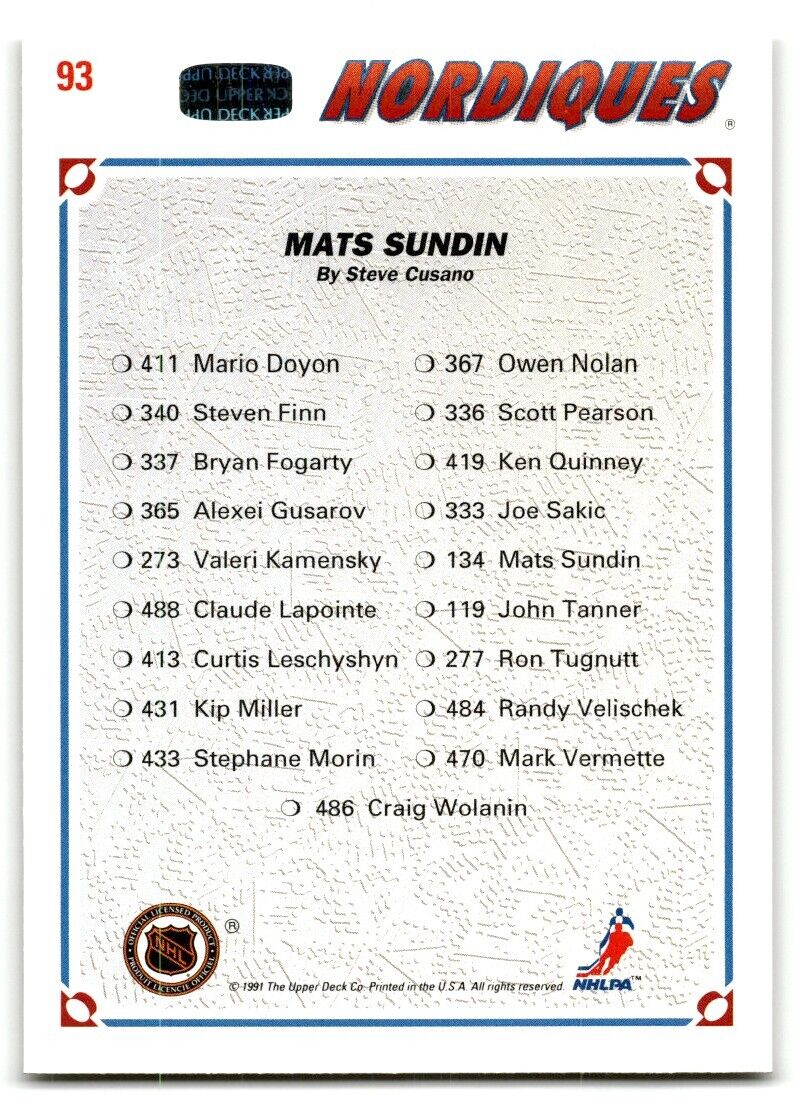 1991-92 Upper Deck Mats Sundin Quebec Nordiques #93