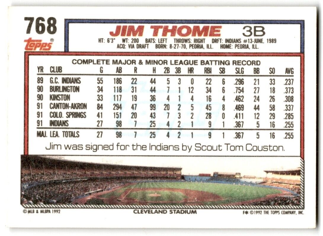 1992 Topps Jim Thome Cleveland Indians #768