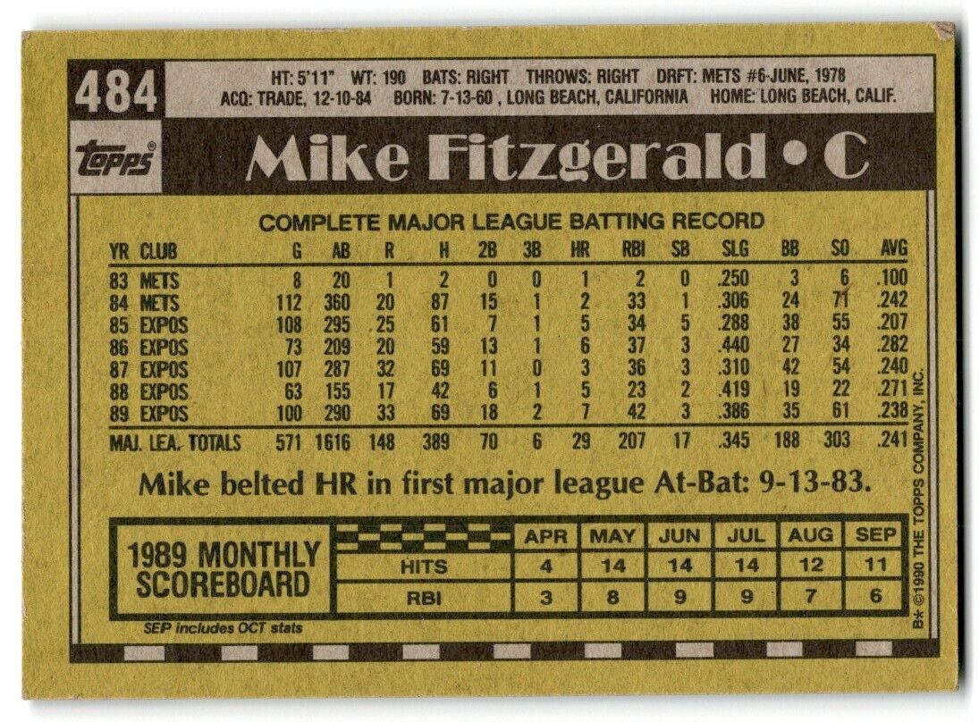 1990 Topps Mike Fitzgerald Montreal Expos #484