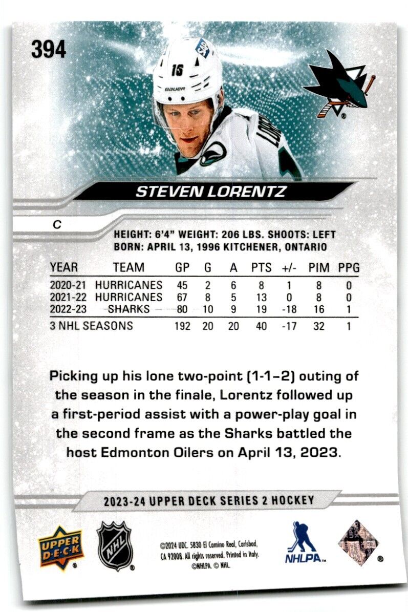 2023-24 Upper Deck Steven Lorentz San Jose Sharks #394