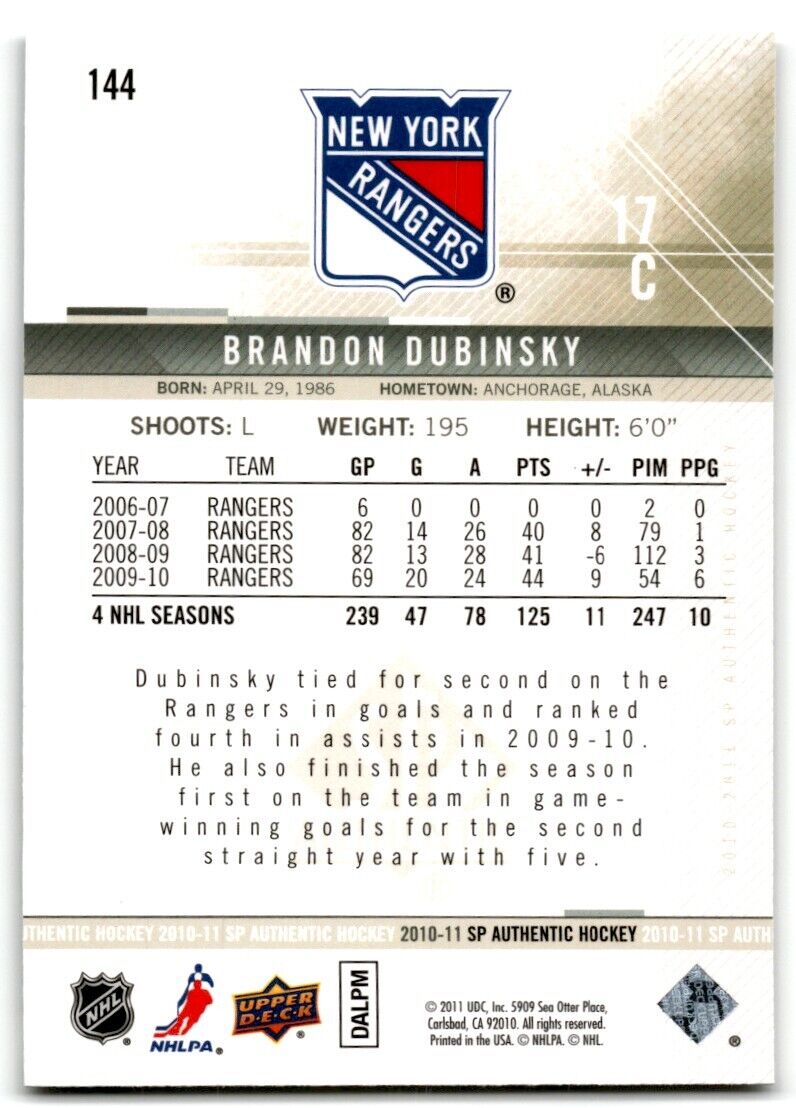 2010-11 SP Authentic Brandon Dubinsky New York Rangers #144