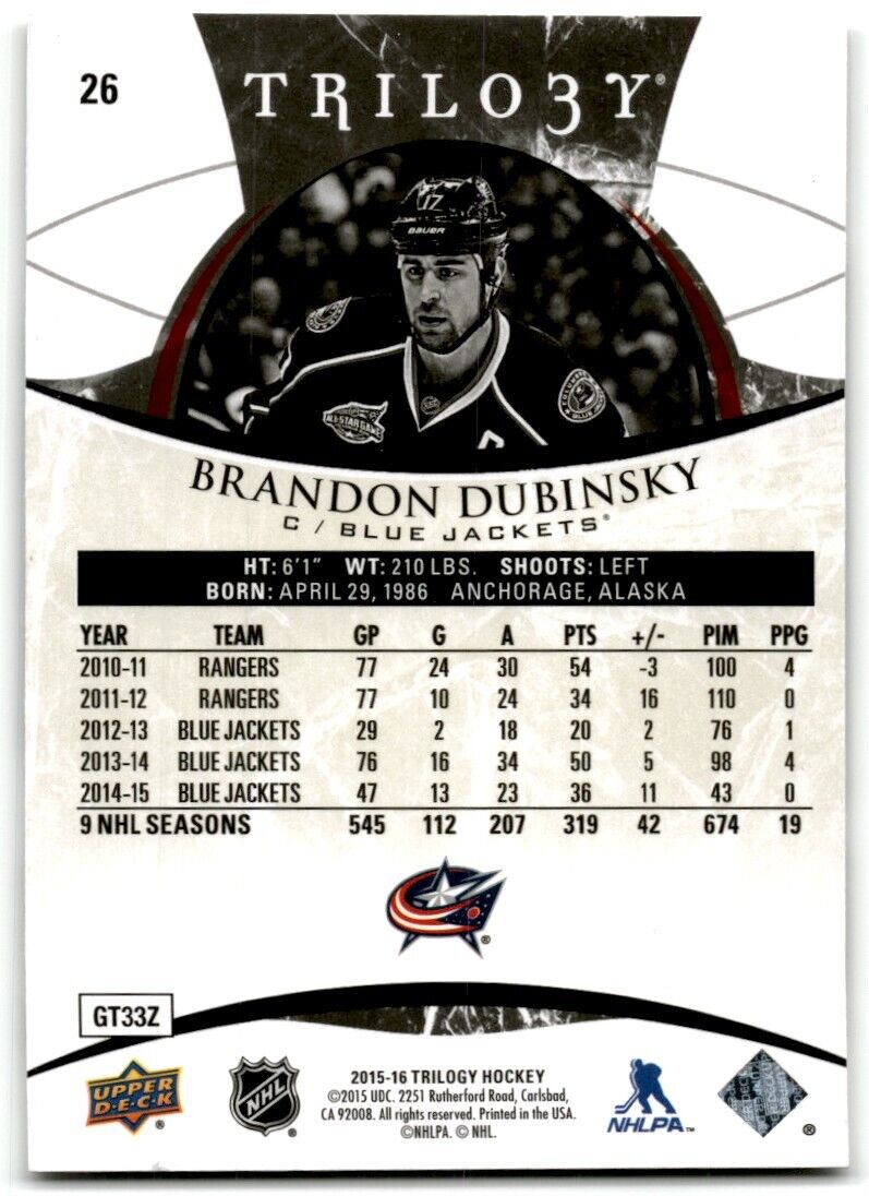 2015-16 Upper Deck Trilogy Brandon Dubinsky Columbus Blue Jackets #26