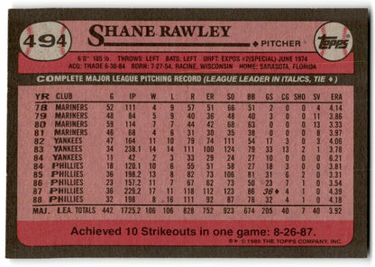 1989 Topps Shane Rawley Philadelphia Phillies #494