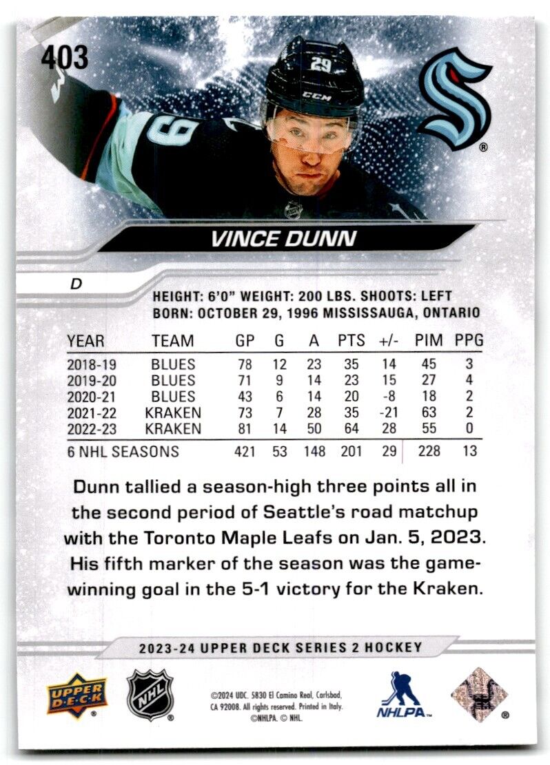 2023-24 Upper Deck Vince Dunn Seattle Kraken #403