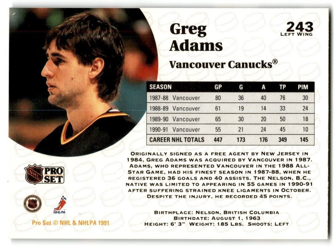 1991-92 Pro Set Greg Adams Vancouver Canucks #243