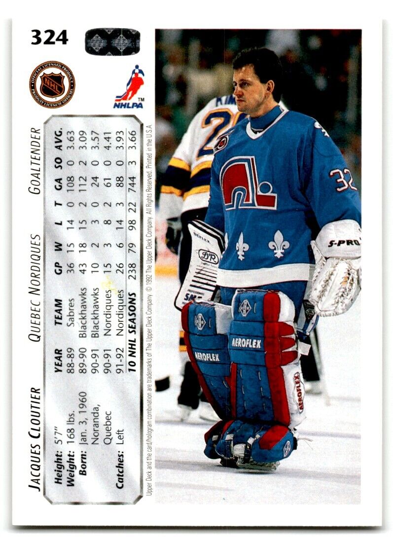 1992-93 Upper Deck Jacques Cloutier Quebec Nordiques #324