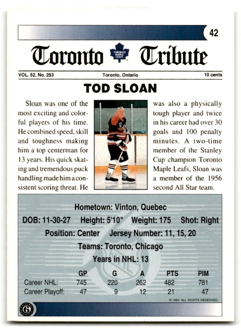 1992-93 Classic Tod Sloan Toronto Maple Leafs #42