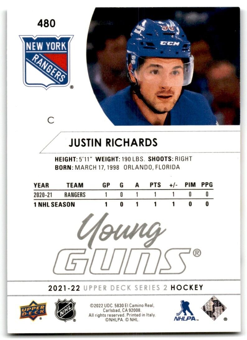 2021-22 Upper Deck Justin Richards Rookie New York Rangers #480