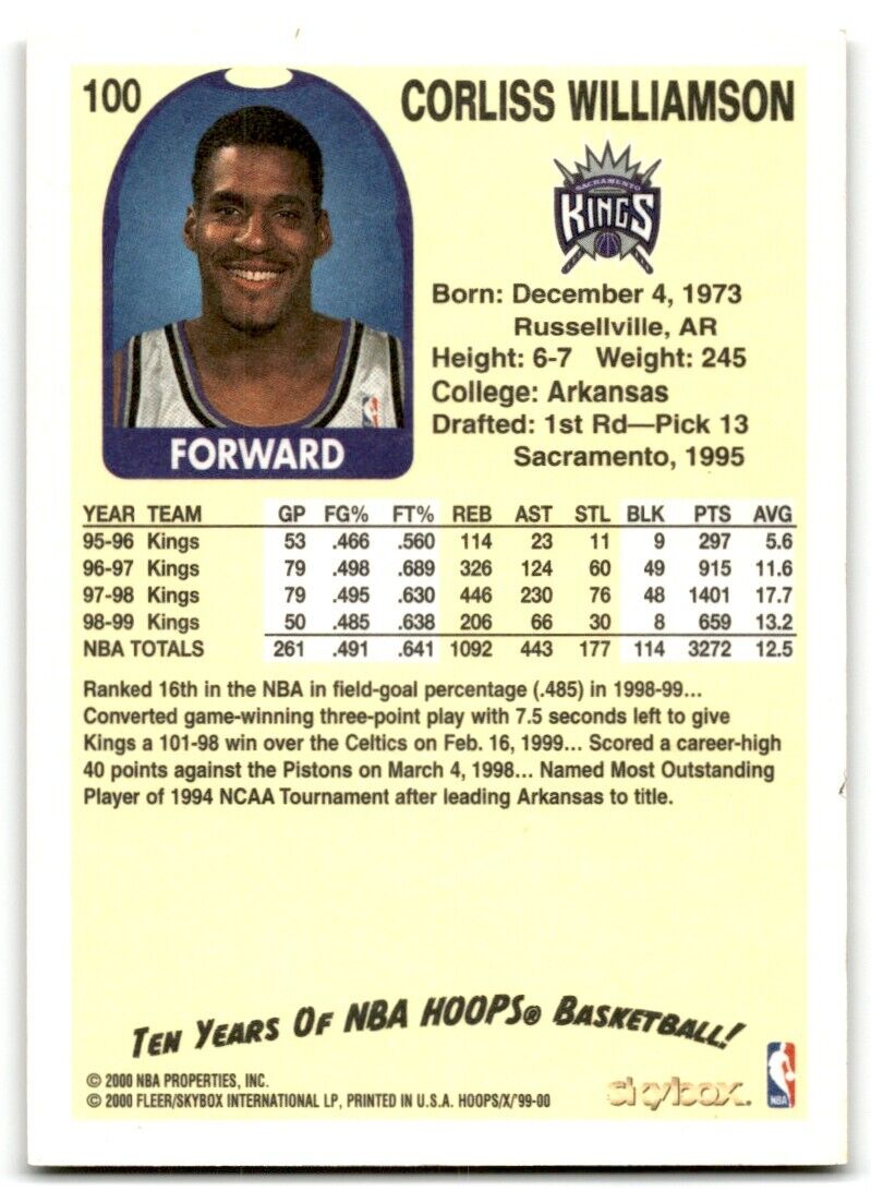 1999-00 Hoops Decade Corliss Williamson Sacramento Kings #100