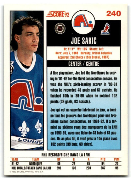 1992-93 Score Joe Sakic Quebec Nordiques #240