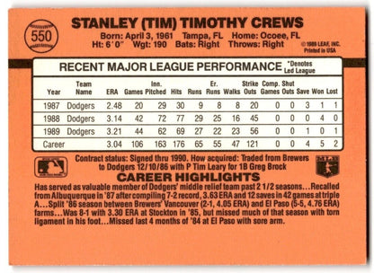 1990 Donruss Tim Crews Los Angeles Dodgers #550