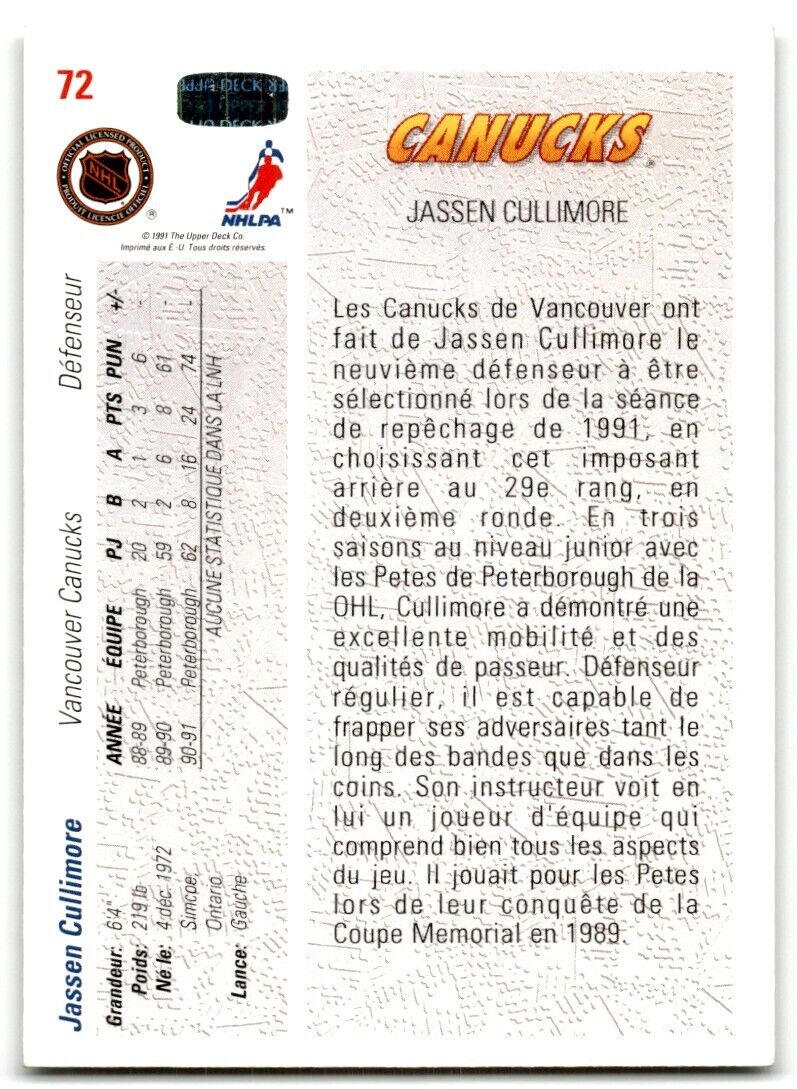 1991-92 Upper Deck French Jassen Cullimore Rookie Vancouver Canucks #72