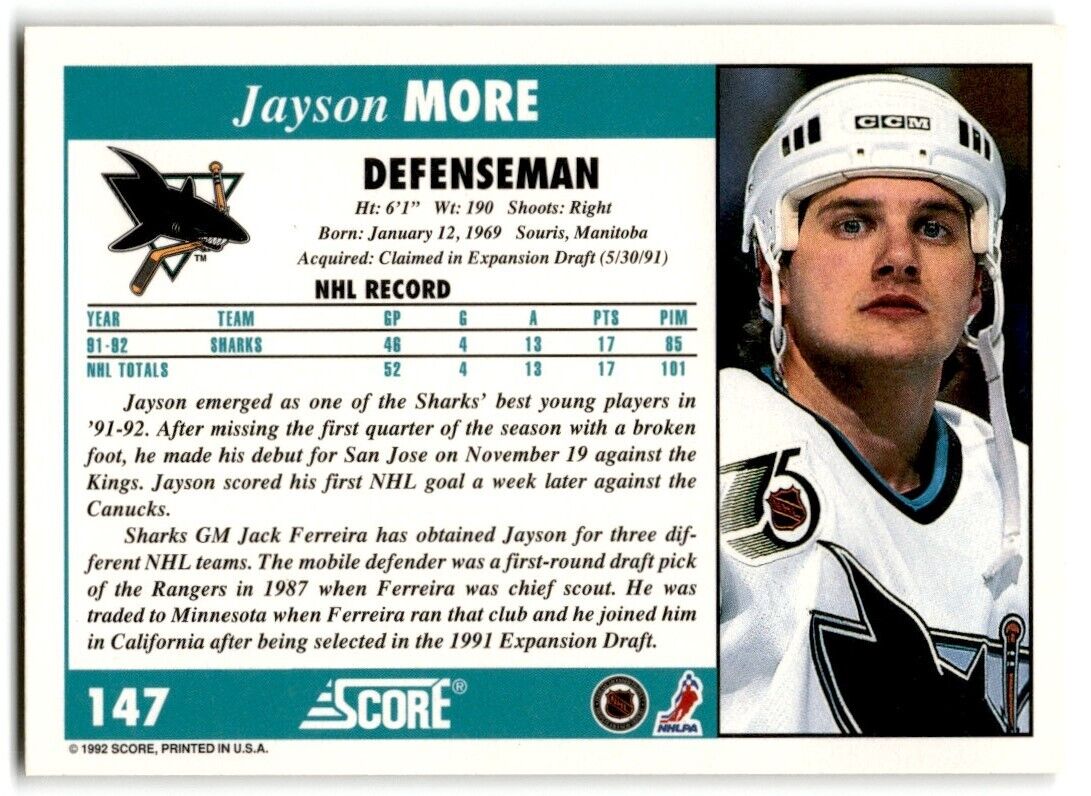 1992-93 Score Jay More San Jose Sharks #147