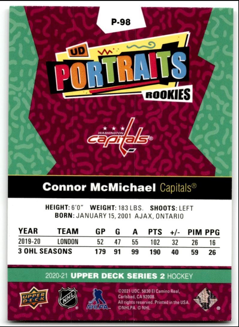 2020-21 Upper Deck UD Portraits Connor McMichael Rookie Washington Capitals