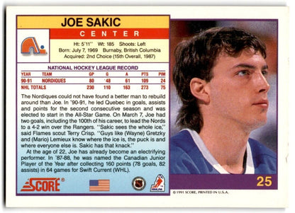 1991-92 Score American Joe Sakic Quebec Nordiques #25